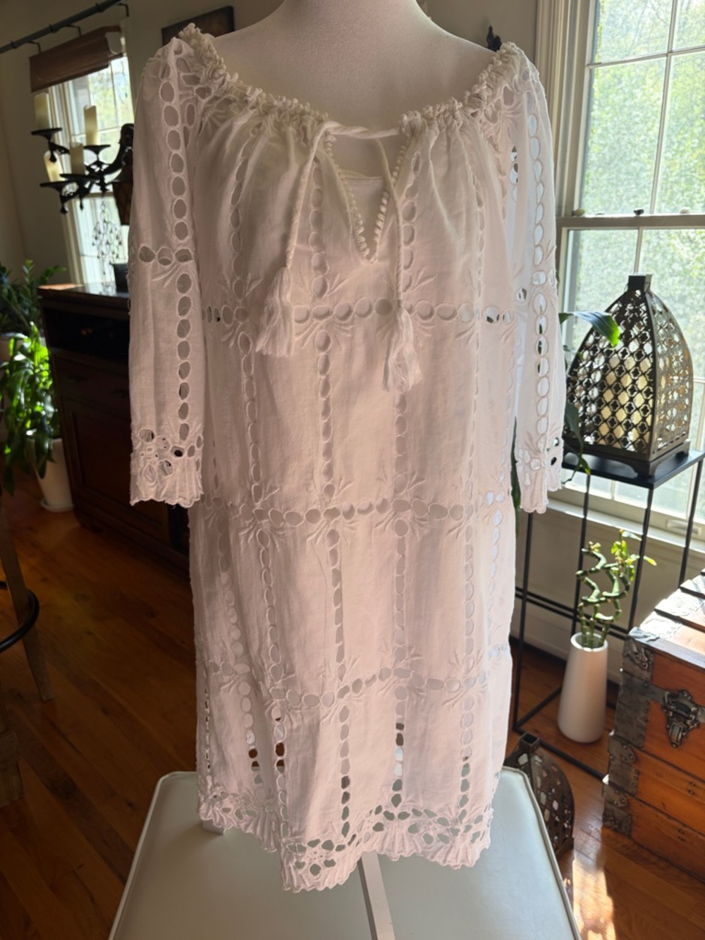 Gretchen Scott Designs White Eyelet detachable cotton slip-Dress with Tassel Tie